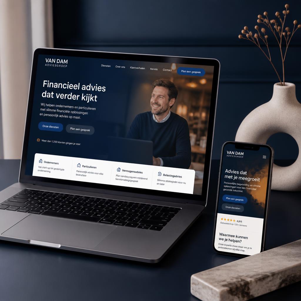 Voorbeeld van een door ons gebouwde zakelijke website op laptop en smartphone